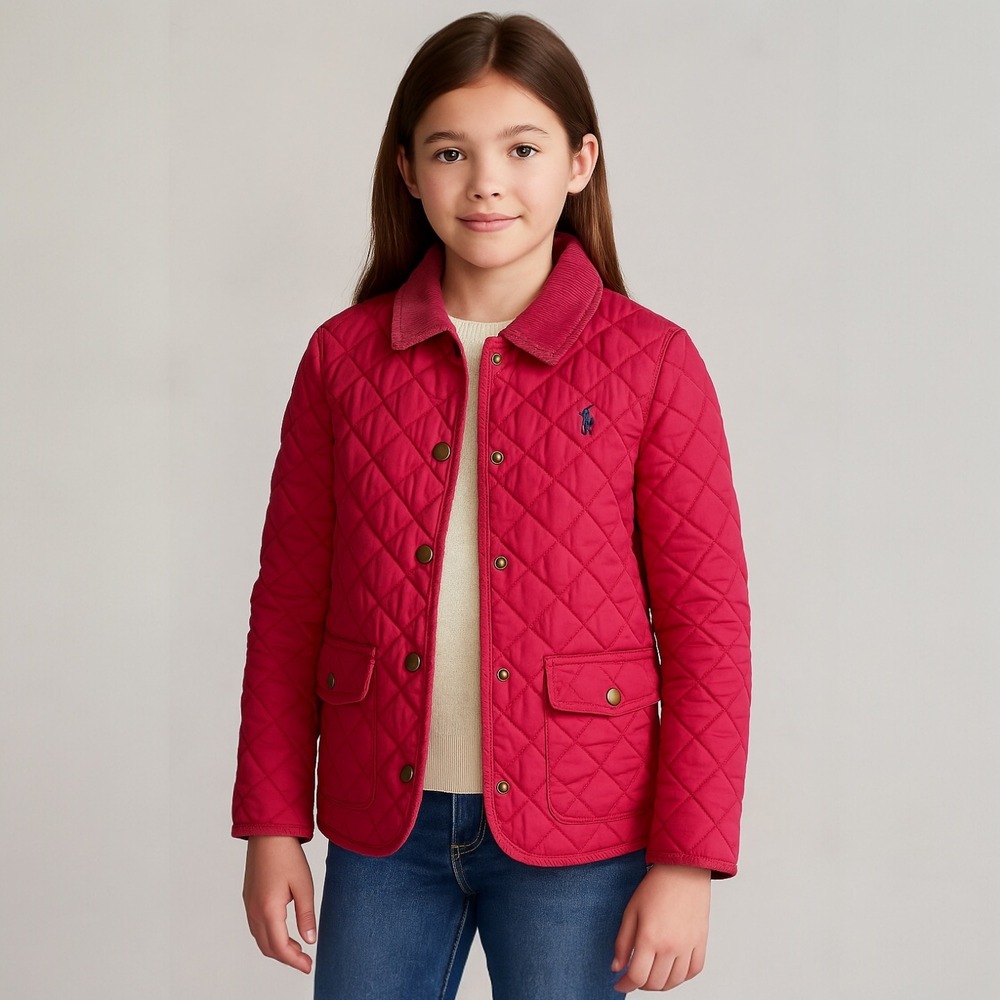 Polo Ralph Lauren Girls Jacket L 12-14 Pink Quilted Barn Coat Corduroy‎ Collar
